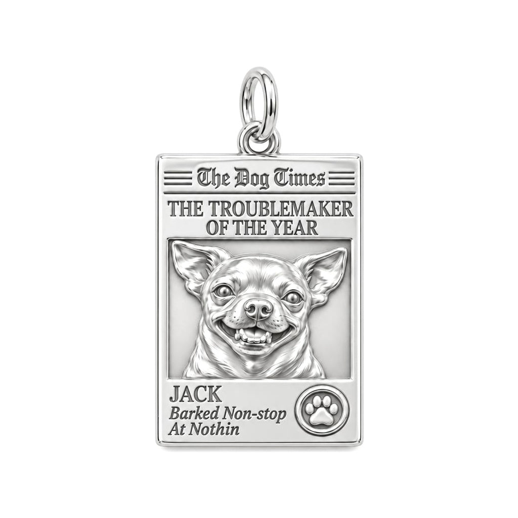 Dog Times Troublemaker Charm Bracelet – Personalized Dog Mom Gift – silver plated 3 cm charm, front view