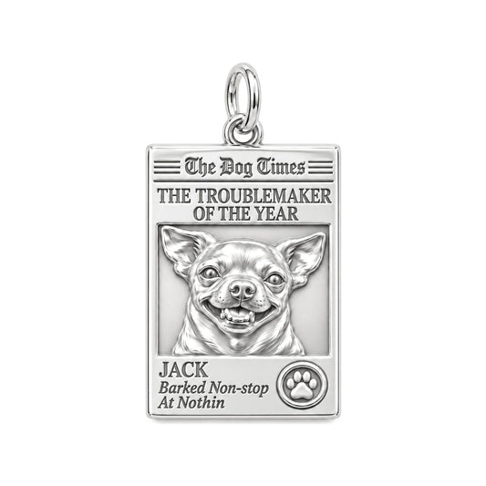 Dog Times Troublemaker Charm Bracelet – Personalized Dog Mom Gift – silver plated 3 cm charm, front view