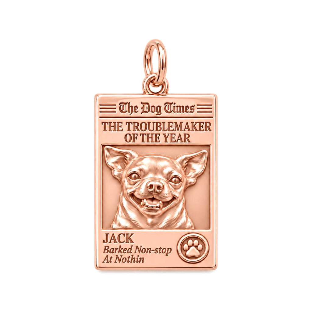 Dog Times Troublemaker Charm Bracelet – Personalized Dog Mom Gift – rose gold 3 cm charm, front view