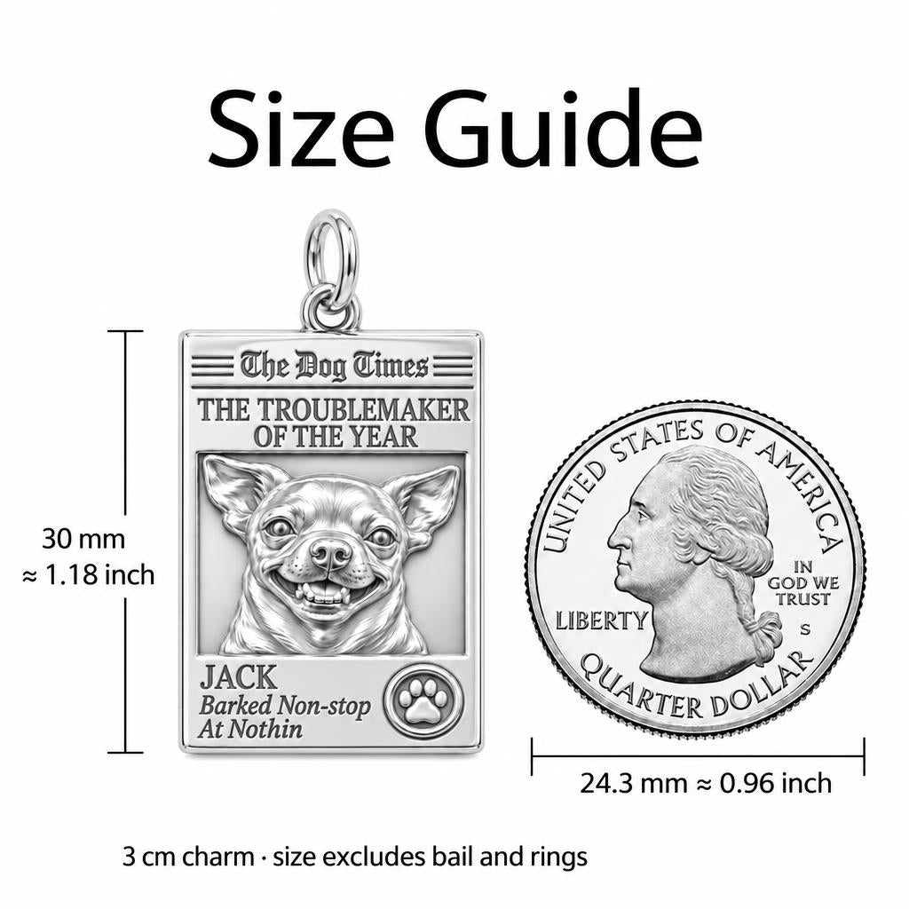 Dog Times Troublemaker Charm Bracelet – Personalized Dog Mom Gift – size guide, 3 cm charm next to a quarter