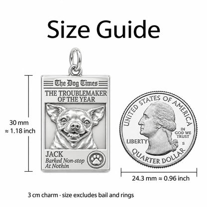 Dog Times Troublemaker Charm Bracelet – Personalized Dog Mom Gift – size guide, 3 cm charm next to a quarter