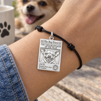 Dog Times Troublemaker Charm Bracelet – Personalized Dog Mom Gift – worn on the wrist on a black cord bracelet