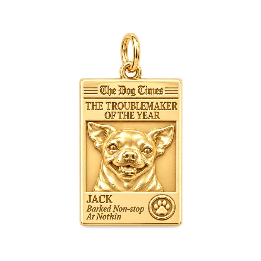 Dog Times Troublemaker Charm Bracelet – Personalized Dog Mom Gift – 18K gold plated 3 cm charm, front view