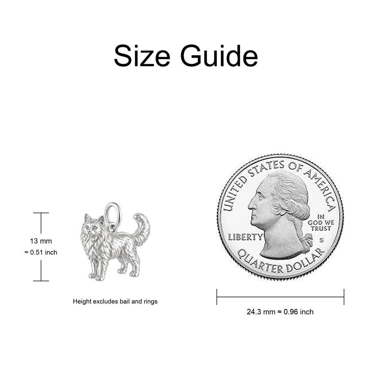 Sphynx Cat Breed Charm — size guide next to a US quarter