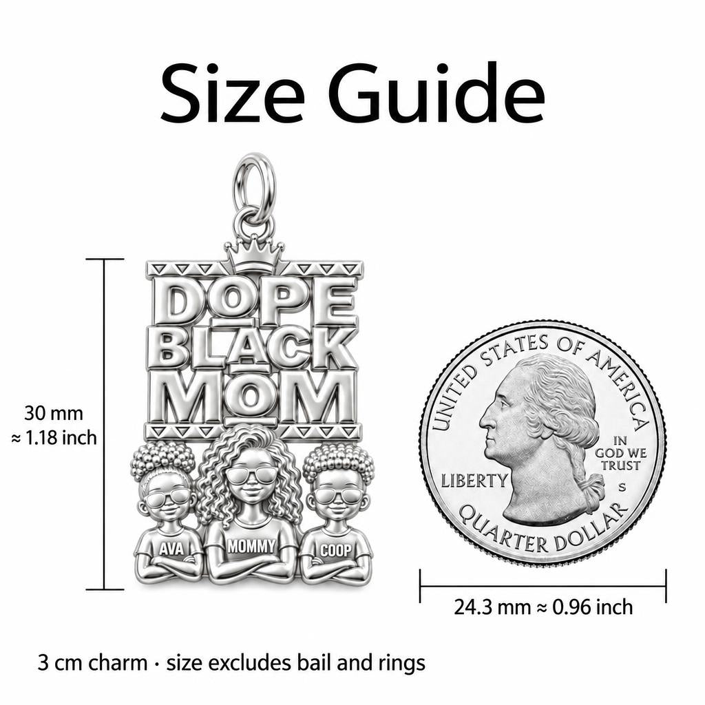 Dope Black Mom Charm Bracelet – Personalized Mom Gift – size guide, 3 cm charm next to a quarter