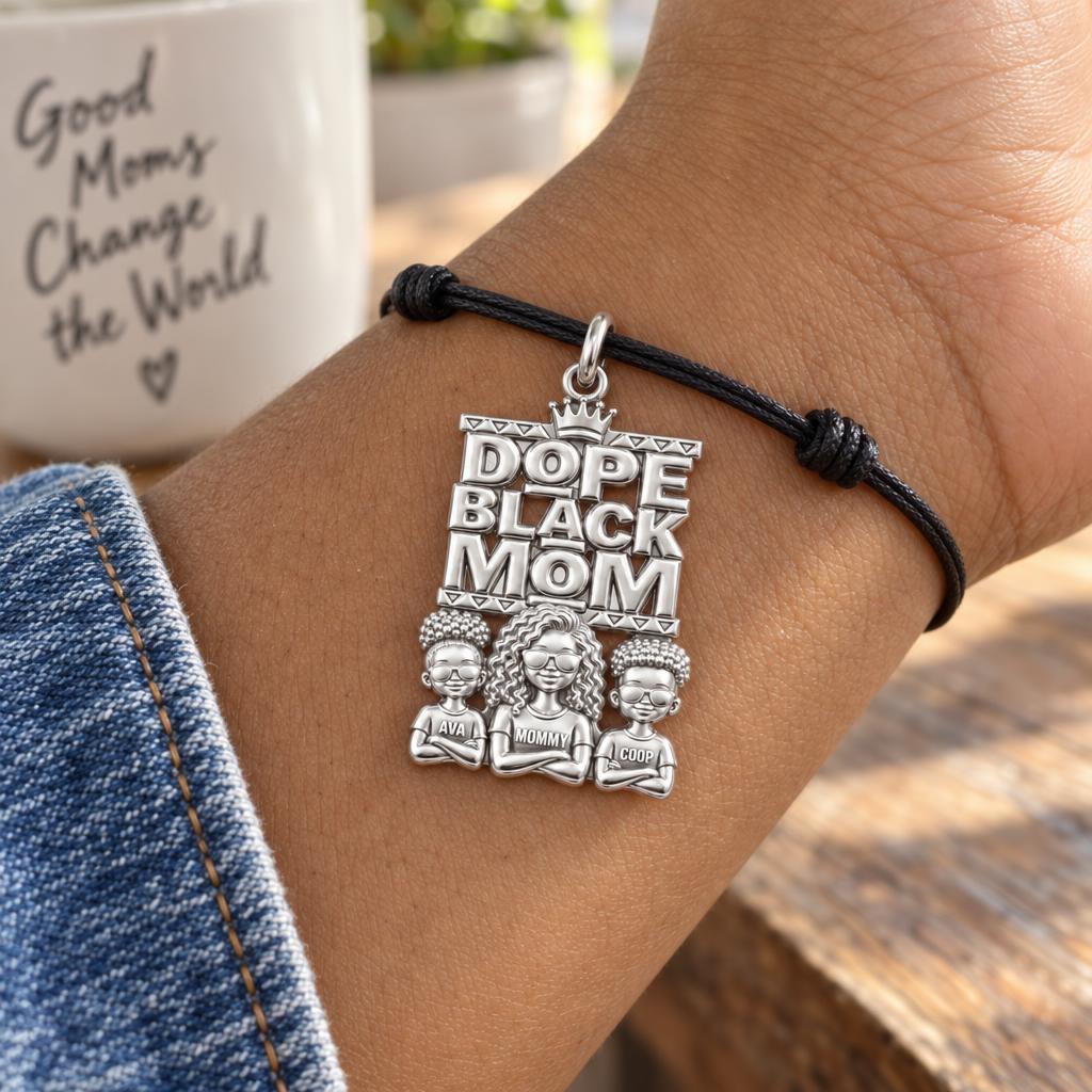 Dope Black Mom Charm Bracelet – Personalized Mom Gift – worn on the wrist on a black cord bracelet