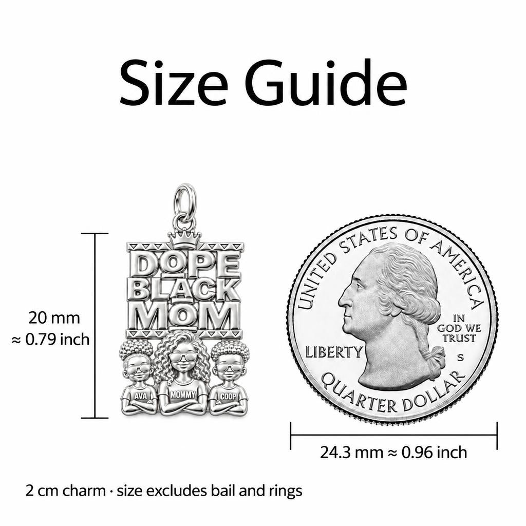 Dope Black Mom Charm Bracelet Set – size guide, 13 mm charm next to a quarter