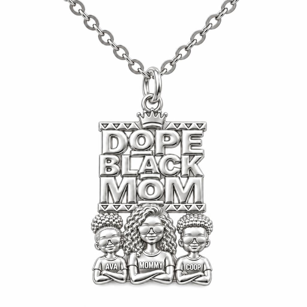 Dope Black Mom Charm Necklace Set – silver, front view