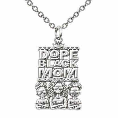Dope Black Mom Charm Necklace Set – silver, front view