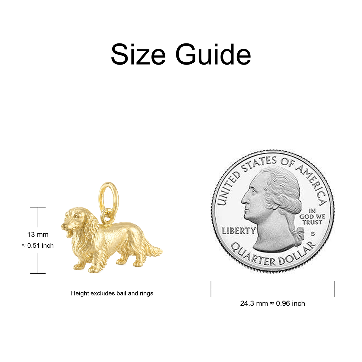 Jack Russell Terrier Standing Dog Charm — size guide next to a US quarter
