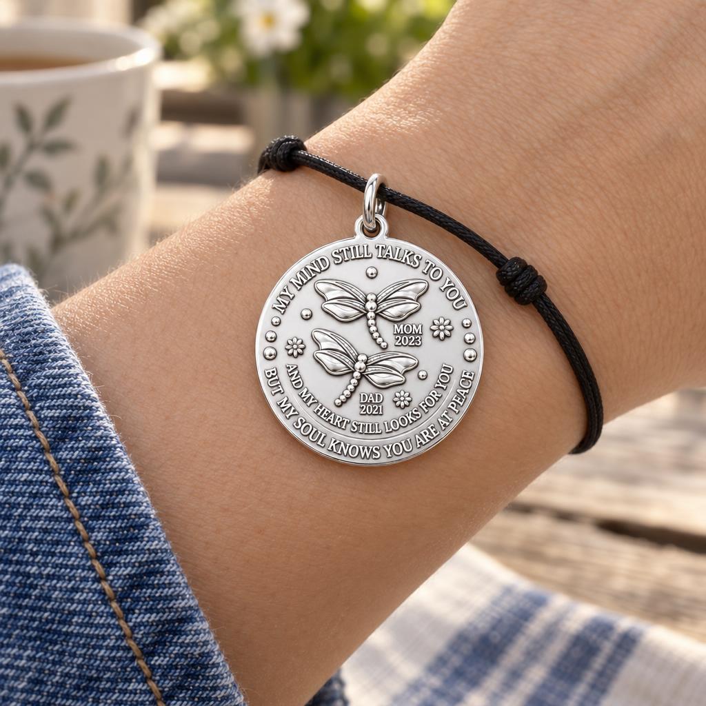 Dragonfly Remembrance Charm Bracelet – Personalized Memorial Gift – worn on the wrist on a black cord bracelet