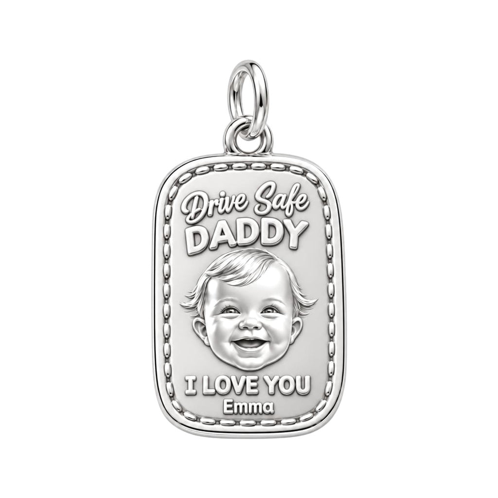 Drive Safe Baby Portrait Charm Bracelet – Personalized Dad Gift – silver charm, front view