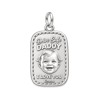 Drive Safe Baby Portrait Charm Bracelet – Personalized Dad Gift – silver charm, front view