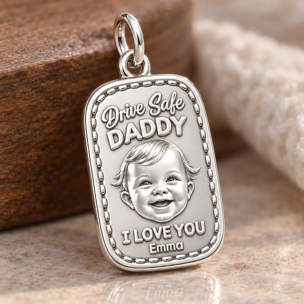 Drive Safe Baby Portrait Charm Bracelet – Personalized Dad Gift – macro detail of the charm
