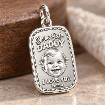 Drive Safe Baby Portrait Charm Bracelet – Personalized Dad Gift – macro detail of the charm