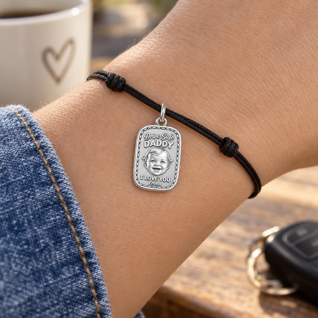 Drive Safe Baby Portrait Charm Bracelet – Personalized Dad Gift – worn on the wrist on a black cord bracelet