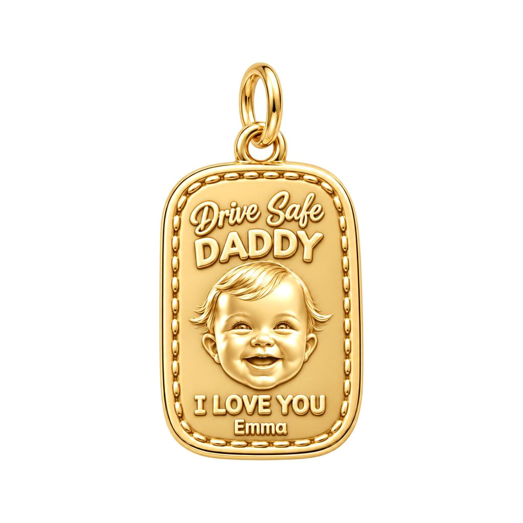 Drive Safe Baby Portrait Charm Bracelet – Personalized Dad Gift – 18K gold charm, front view