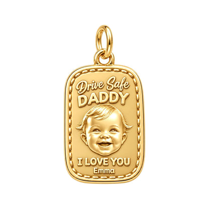 Drive Safe Baby Portrait Charm Bracelet – Personalized Dad Gift – 18K gold charm, front view