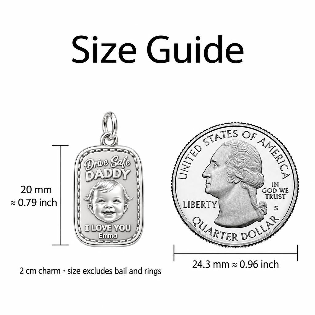 Drive Safe Baby Portrait Charm Bracelet Set – size guide, 13 mm charm next to a quarter