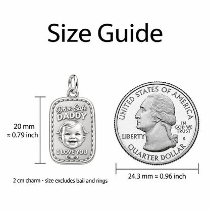 Drive Safe Baby Portrait Charm Bracelet Set – size guide, 13 mm charm next to a quarter