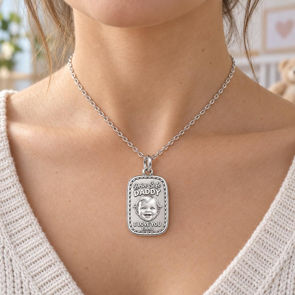Drive Safe Baby Portrait Charm Necklace Set – worn / in use