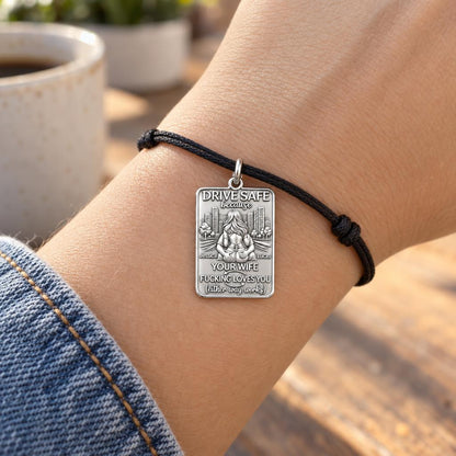 Drive Safe Love You Charm Bracelet – Personalized Couple Gift – worn on the wrist on a black cord bracelet
