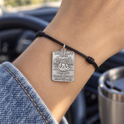 Drive Safe Love You Charm Bracelet – Personalized Couple Gift – worn on the wrist on a black cord bracelet