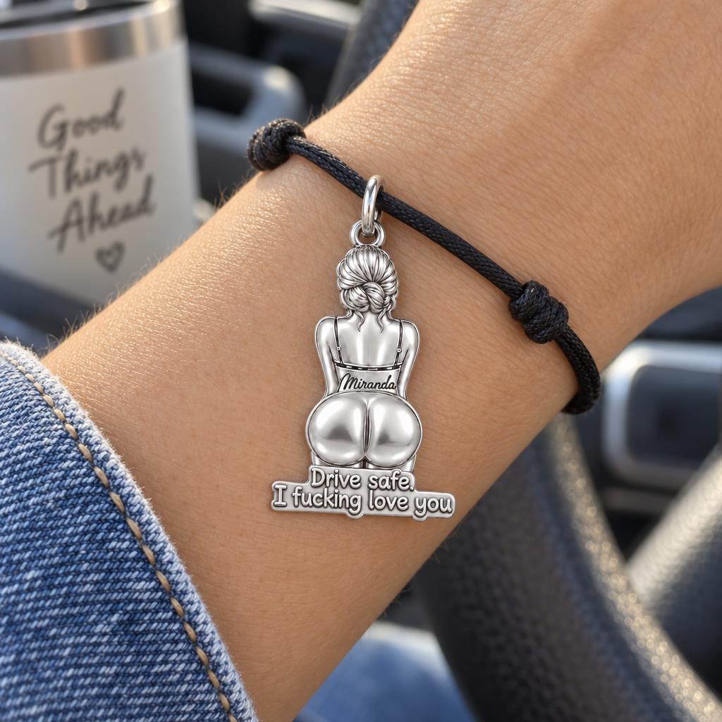 Drive Safe Spicy Charm Bracelet – Personalized Partner Gift – worn on the wrist on a black cord bracelet