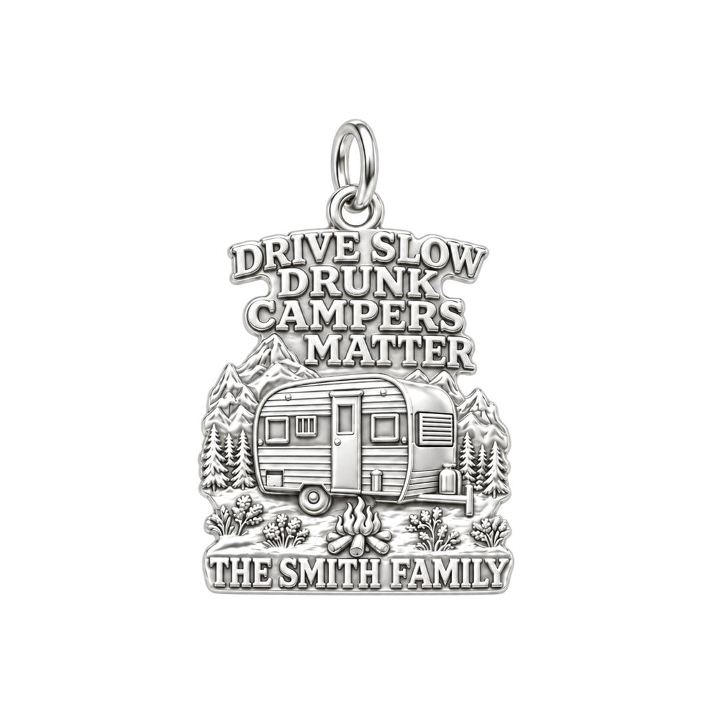 Drunk Campers Matter Charm Bracelet – Personalized Camper Gift – silver plated 2 cm charm, front view