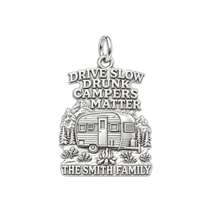 Drunk Campers Matter Charm Bracelet – Personalized Camper Gift – silver plated 2 cm charm, front view