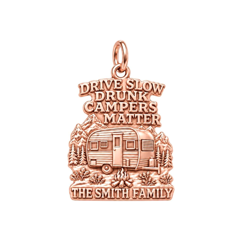 Drunk Campers Matter Charm Bracelet – Personalized Camper Gift – rose gold 2 cm charm, front view