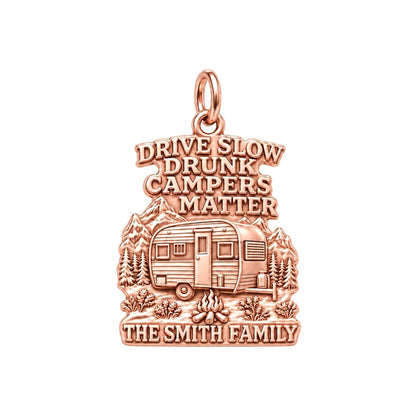Drunk Campers Matter Charm Bracelet – Personalized Camper Gift – rose gold 2 cm charm, front view