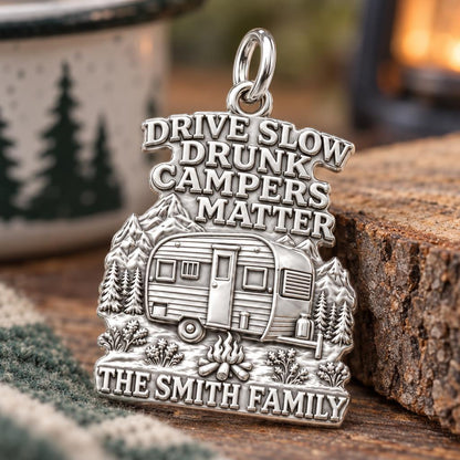 Drunk Campers Matter Charm Bracelet – Personalized Camper Gift – macro detail of the charm