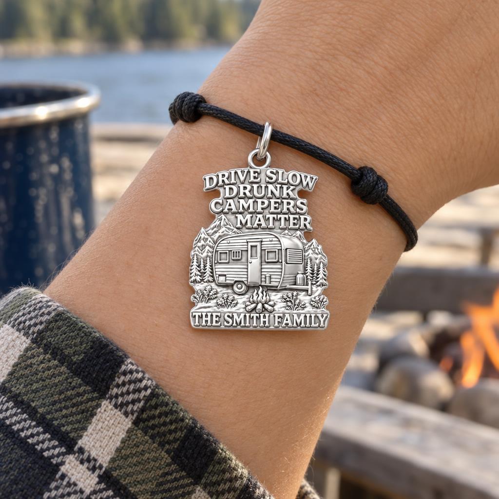 Drunk Campers Matter Charm Bracelet – Personalized Camper Gift – worn on the wrist on a black cord bracelet