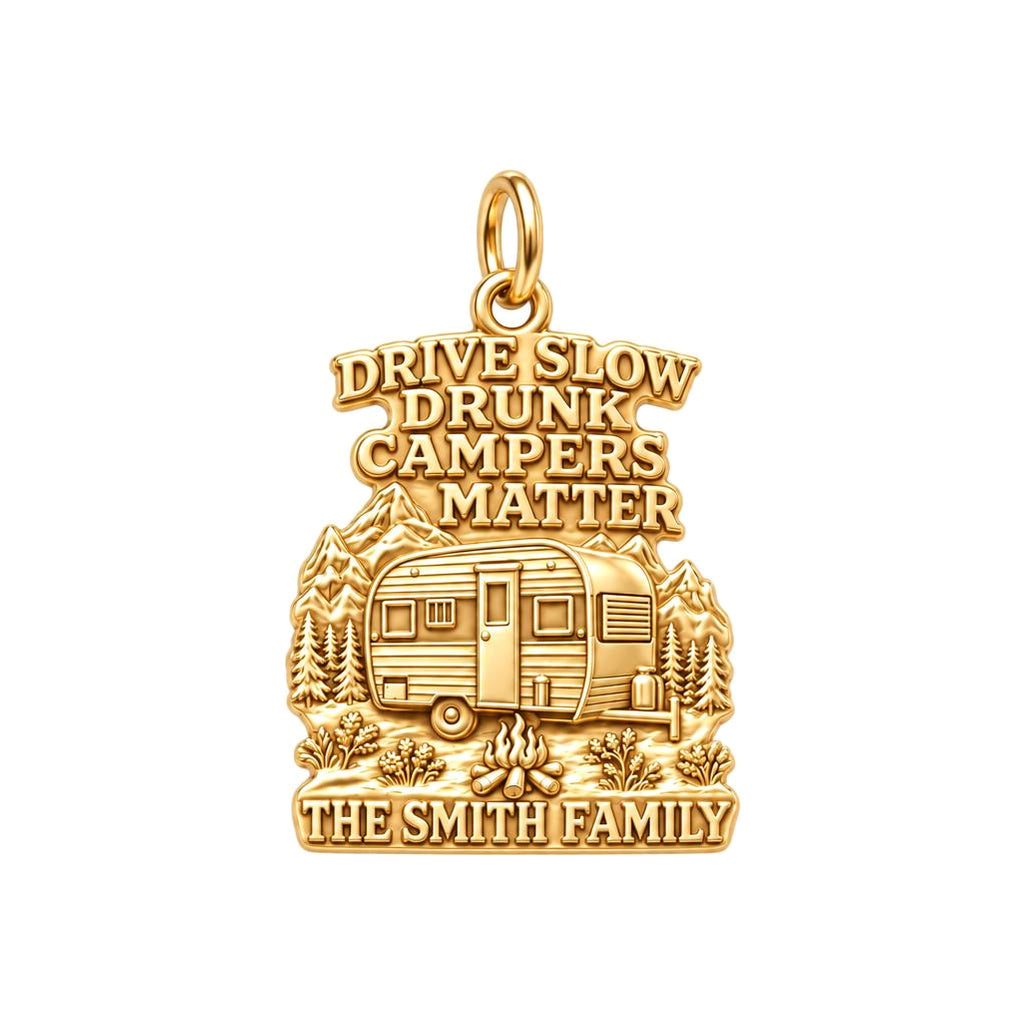 Drunk Campers Matter Charm Bracelet – Personalized Camper Gift – 18K gold plated 2 cm charm, front view
