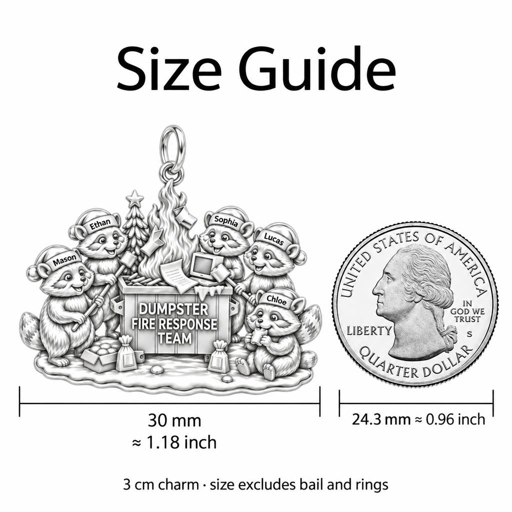 Dumpster Fire Response Team Charm Bracelet – Personalized Coworker – size guide, 3 cm charm next to a quarter