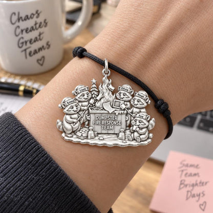 Dumpster Fire Response Team Charm Bracelet – Personalized Coworker – worn on the wrist on a black cord bracelet