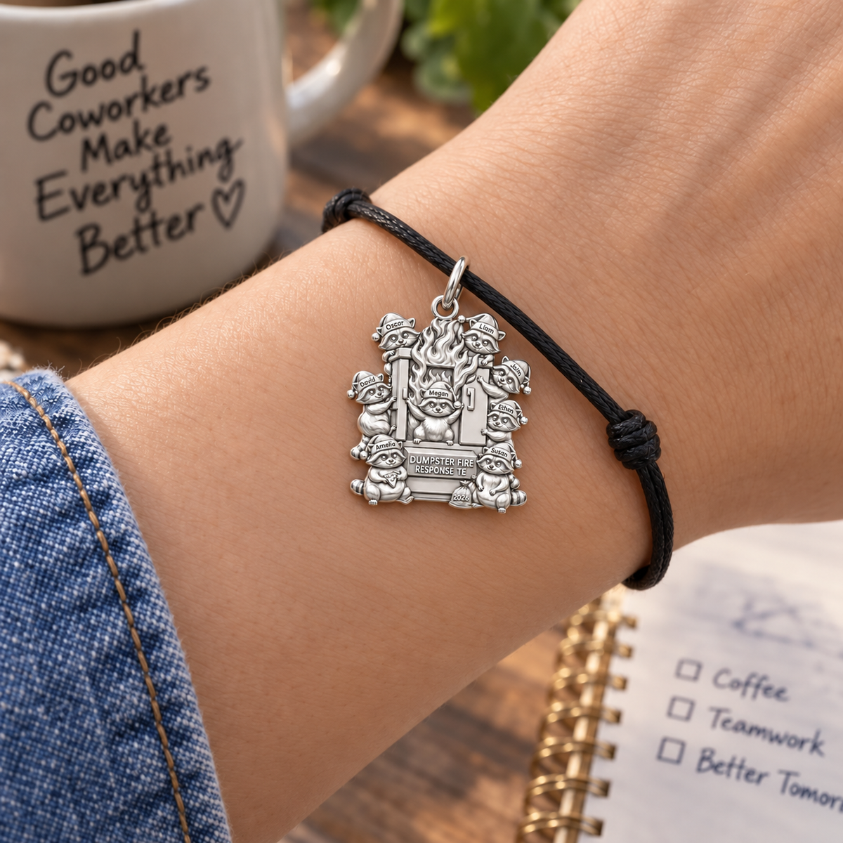 Dumpster Fire Team Charm Bracelet – Personalized Coworker Gift – worn on the wrist on a black cord bracelet