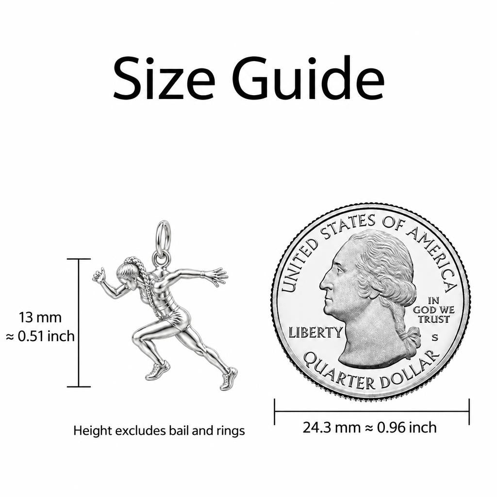 Dynamic Sprinter Charm Bracelet – Personalized Athlete Gift – size guide, 13 mm charm next to a quarter