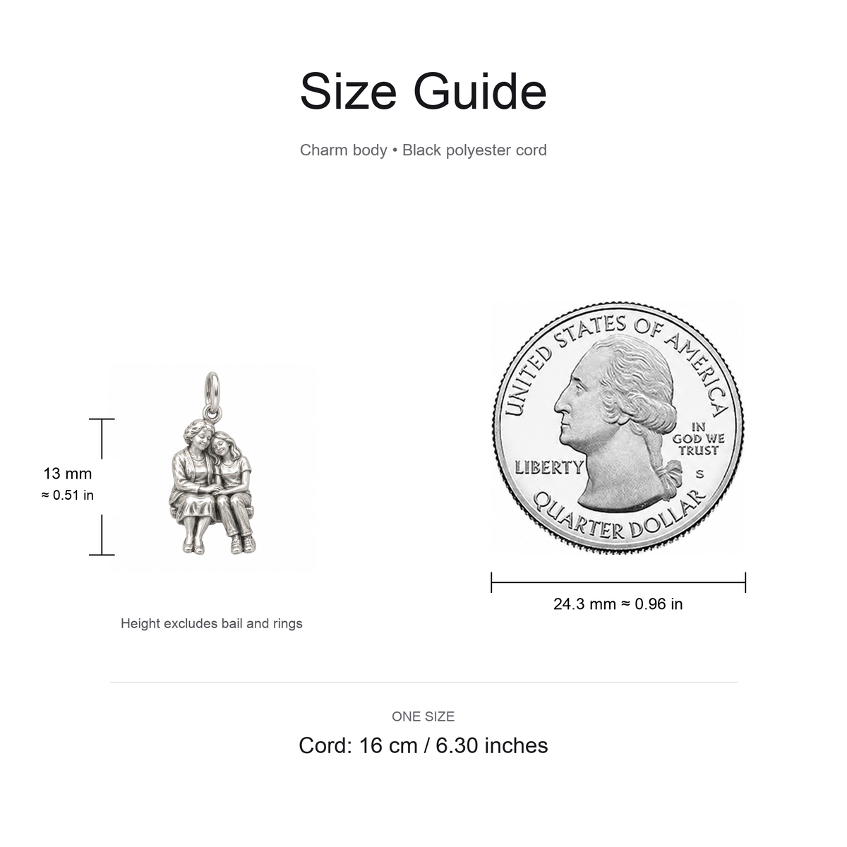 Grandma's Listening Love Charm: Always Cheering You On — Size guide, 13 mm body and 16 cm cord