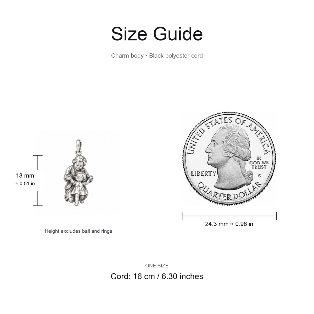 Grandma's First Steps Charm: Little Moments, Lasting Joy — Size guide, 13 mm body and 16 cm cord