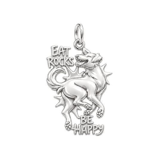 Eat Rocks Be Happy Charm and Polyester Cord Bracelet Set – silver plated 2 cm charm, front view