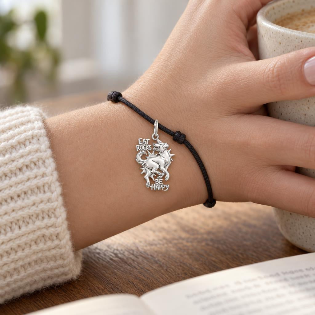 Eat Rocks Be Happy Charm and Polyester Cord Bracelet Set