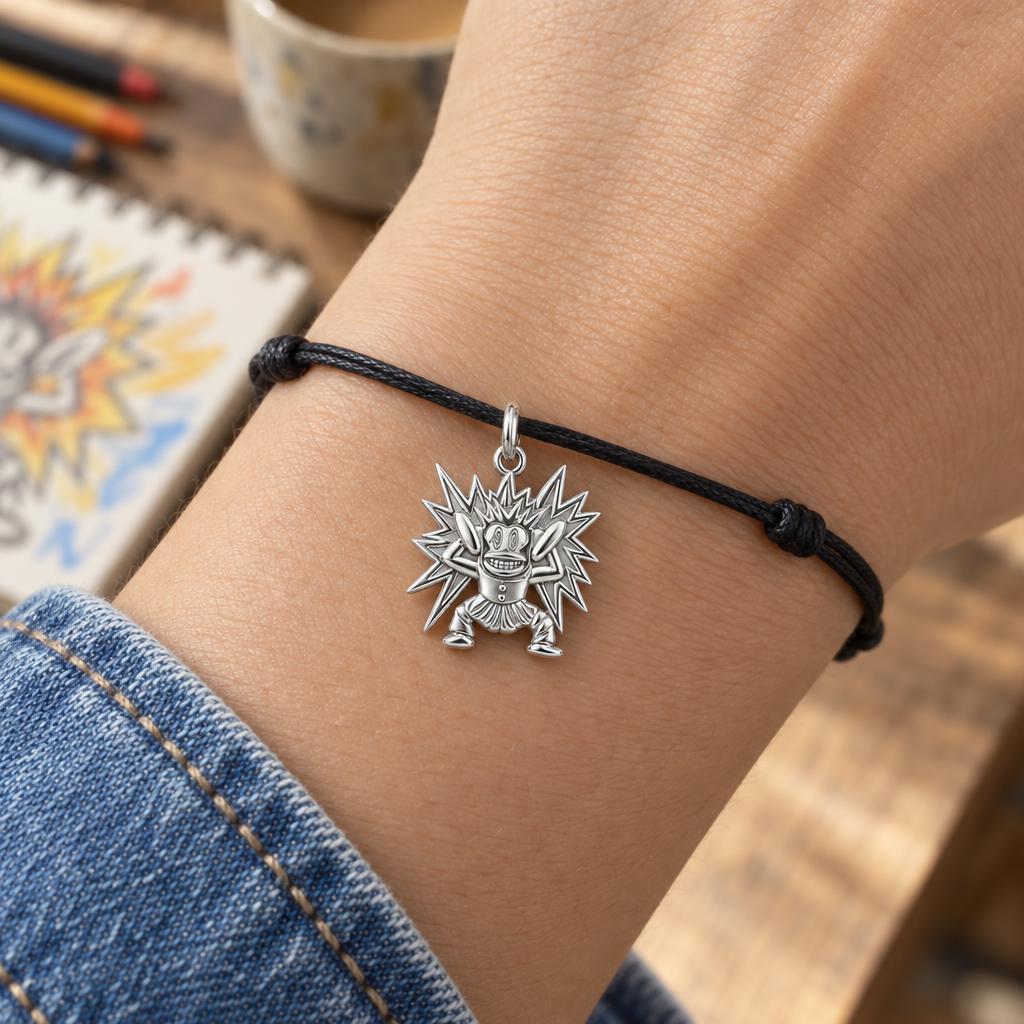 Electric Joy Monkey Charm Bracelet – Personalized Gift – worn on the wrist on a black cord bracelet