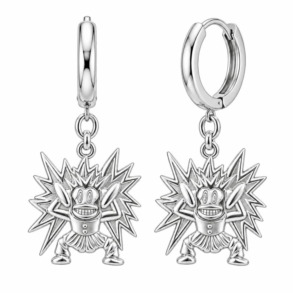 Electric Joy Monkey Huggie Charm Earrings – silver, front view
