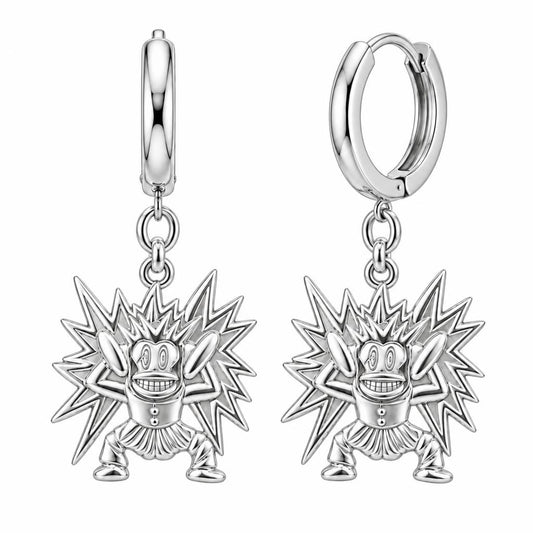 Electric Joy Monkey Huggie Charm Earrings – silver, front view