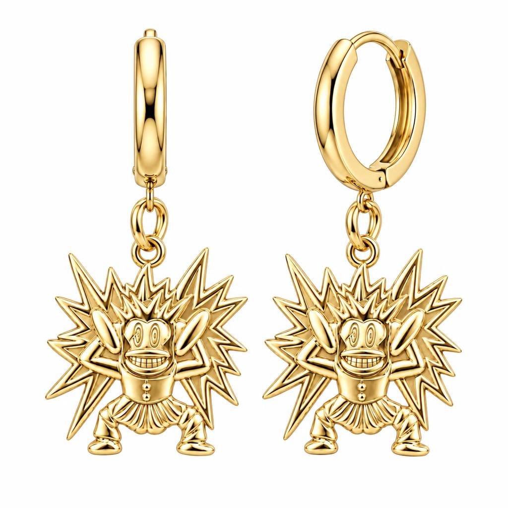 Electric Joy Monkey Huggie Charm Earrings – 18K gold, front view
