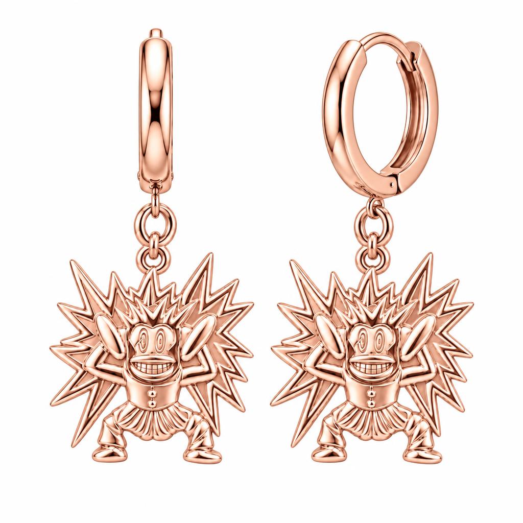 Electric Joy Monkey Huggie Charm Earrings – rose gold, front view