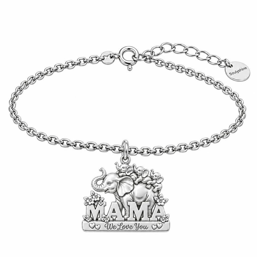 Elephant Matriarch and Calves Charm Bracelet Set – silver, front view