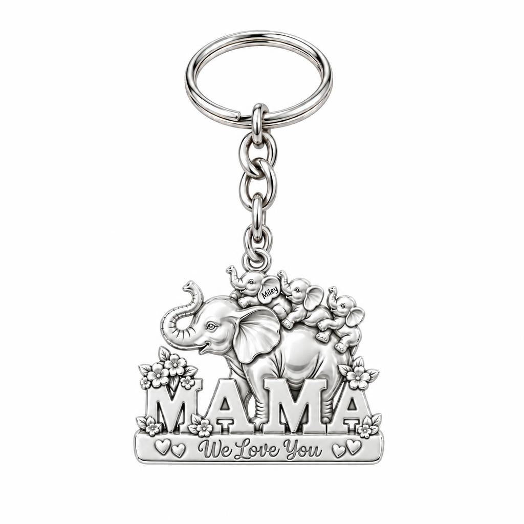 Elephant Matriarch and Calves Charm Keychain – silver, front view
